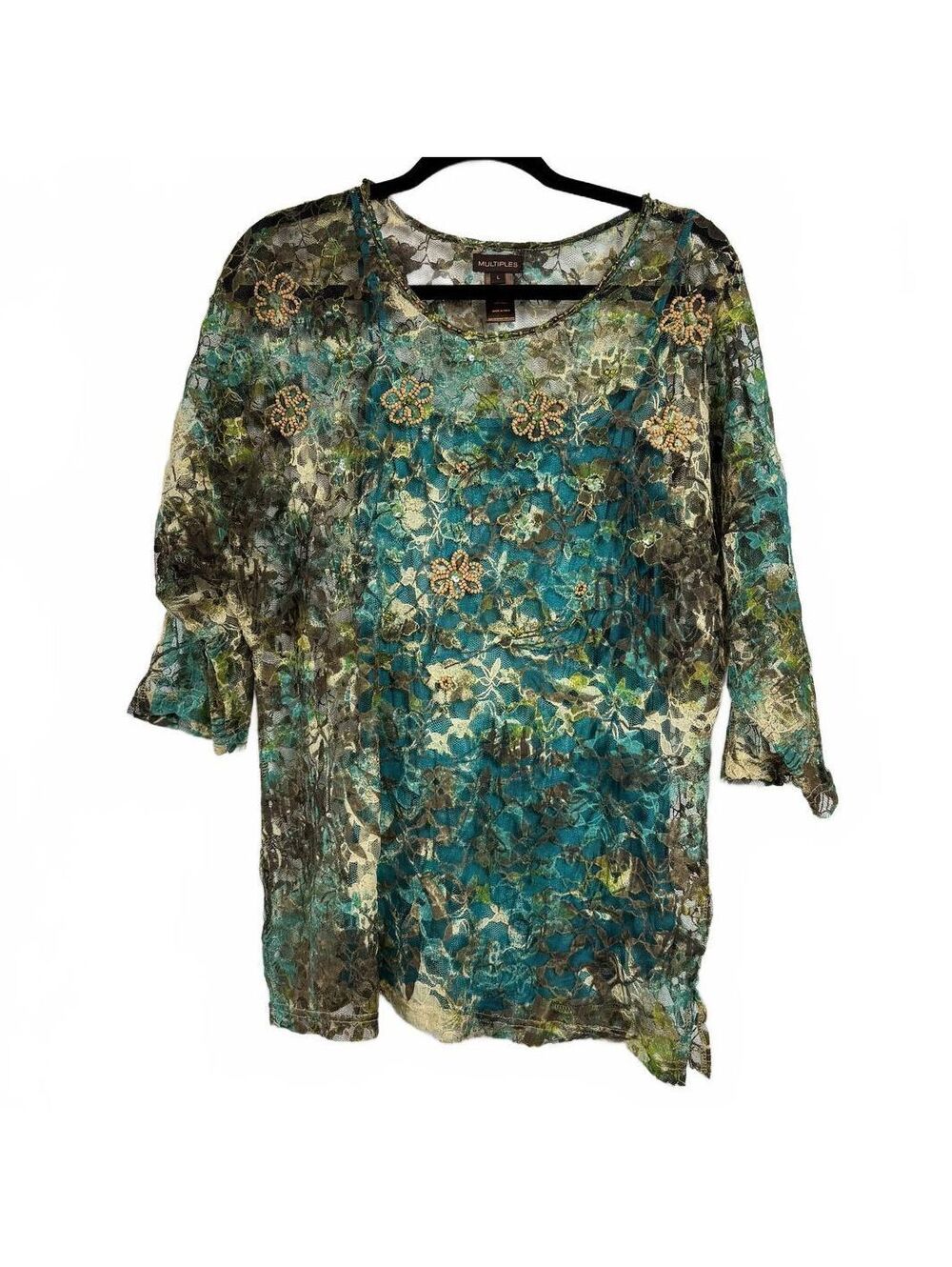 Multiples Green & Blue and Brown 3/4 Sleeve Blouse Women's Size Large